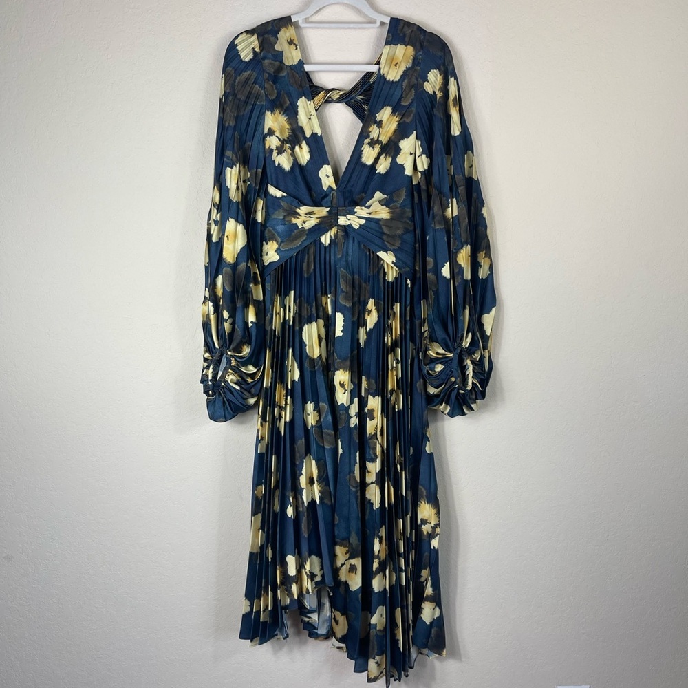 Acler Palms Pleated Long Sleeve Midi Dress Navy Floral Size 2 - Picture 6 of 15